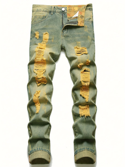 LZLER Men'S Creative Hole Ruined Distressed Stretch Slim Fit Jeans Trousers, Fashion Stacked Street Hip Hop Gradient Style Jeans Casual And Comfortable Suitable For All Seasons