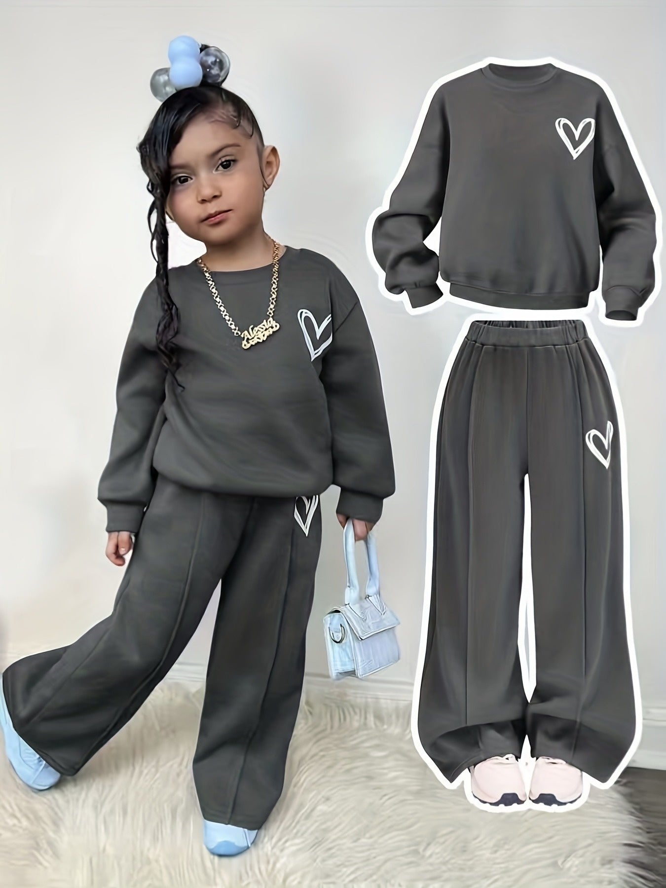 Girl'S Autumn and Winter Love Print Fleece Hoodie + Print Pants Two-Piece Set | Suitable for Outdoor Wear, Comfortable Fabric with Fleece Insulation, Casual Style, Regular Fit, Ideal Gift for Children.