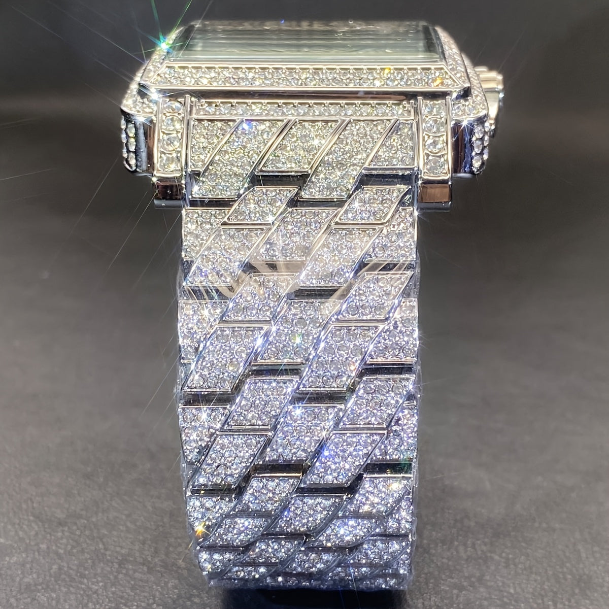 MISSFOX Men'S Luxury Hip-Hop Watch - Golden-Tone Quartz Movement with Date/Calendar, Square Dial & Roman Numeral Display, Sparkling Rhinestone Bezel, Battery-powered Formal/casual Wristwatch For Everyday & Special Events - Id