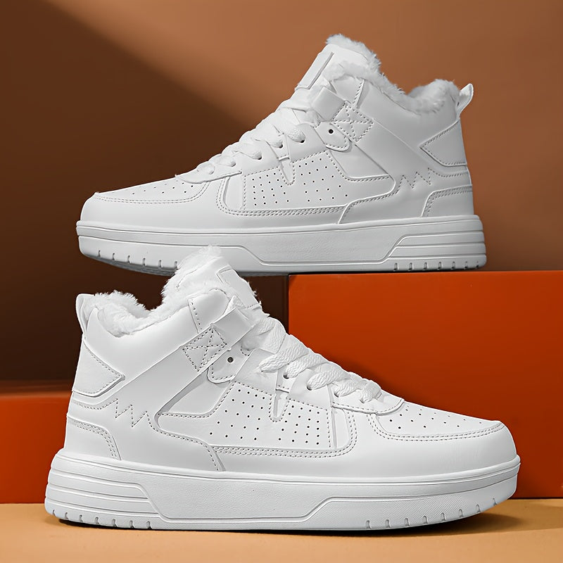 WANWEISI Men's Winter High-Top Thick-Sole Sneakers with Plush Fleece Lining - Heavy-Duty & MD Sole, Lace-Up Winter Boots for Hiking, Outdoor, Casual & Casual Attire - Warm Thermal Insulation, Cushioned Comfort, White/Black/Re