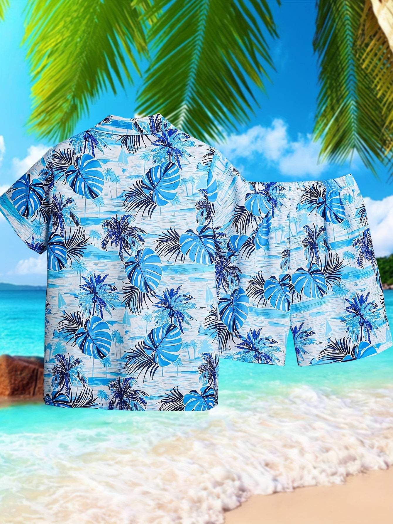 2pcs Boys' Coconut Tree Print Short Sleeve Shirt and Shorts Set, Comfortable Summer Casual and Outdoor Wear, Perfect for Outdoor
