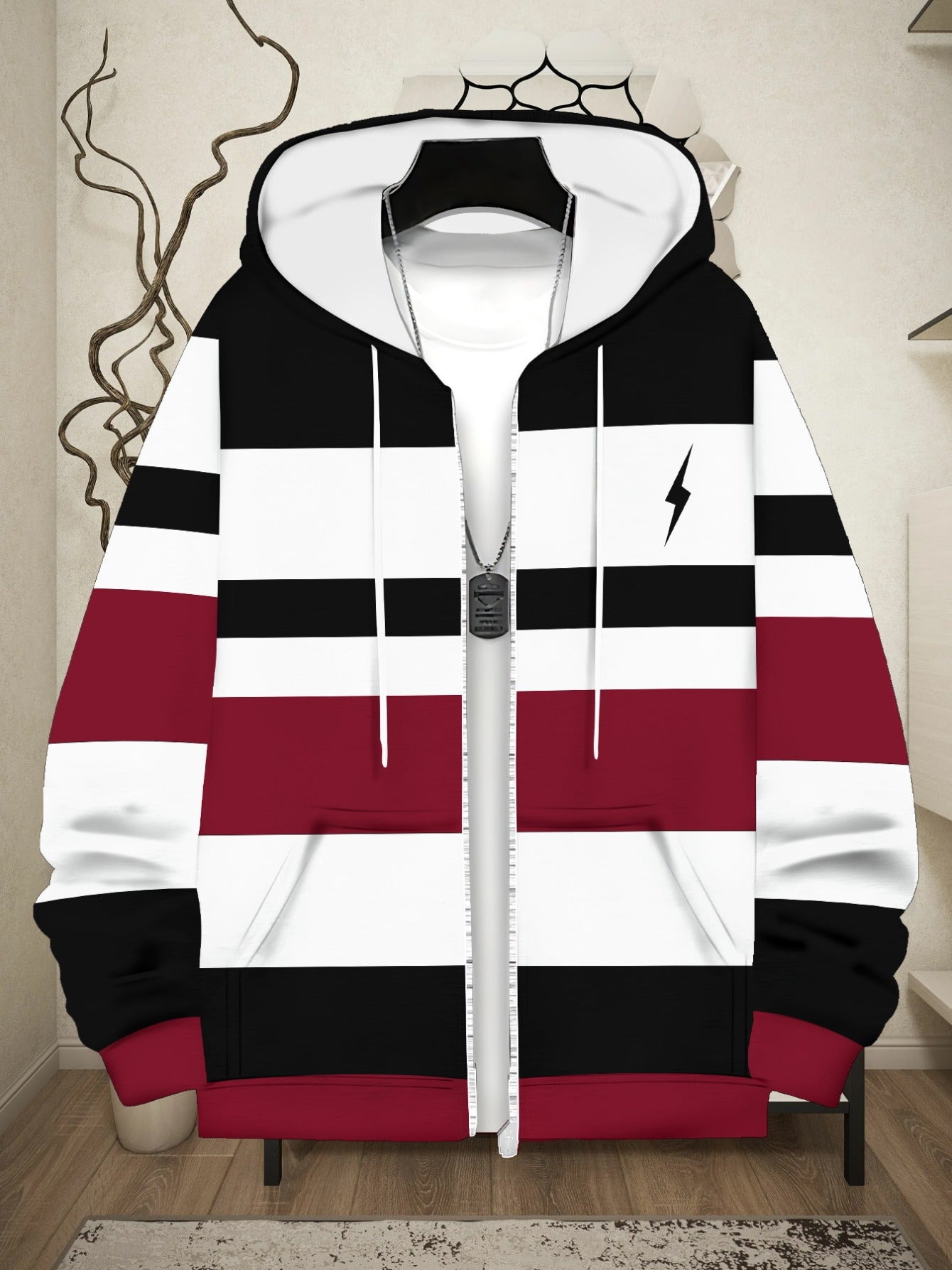 [Men's Lightweight Hoodie] Men's Lightweight Hoodie - Full-Zip Closure Hooded Sweatshirt, Black/White/Red Color Block Pullover for Fall/Winter, Casual Streetwear & Outdoor Activities, Everyday Comfort Fit Hooded Sweatshirt, S