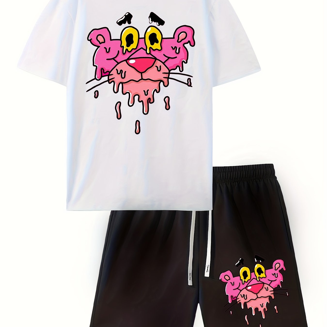 Men'S Short-Sleeved T-Shirt And Waist-Tightening Shorts Set with Trendy Pink Leopard Image Print, Casual Sports Regular Top And Pants Suit, Suitable for Spring And Summer Matching