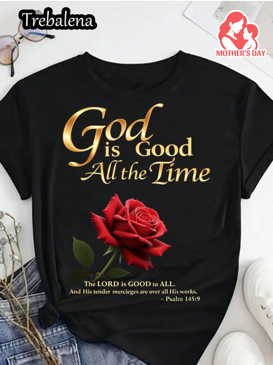 Plus Size Women's 100% Cotton Christian Faith T-Shirt - "God is Good All The Time" Black Tee with Red Rose & Psalm 145:9 Design, Casual Round Neck Short Sleeve Top for Mother's Day, Juneteenth, Spring/Summer (0XL-4XL), Everyd