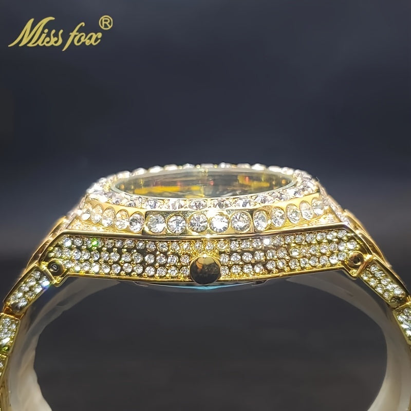 MISS FOX Men'S Luxury Golden Rhinestone Wrist Watch - Hip-Hop Ice Automatic Mechanical Movement, Round Analog Display with Glitter Embellishments, Zinc Alloy Band, Fashionable Large Dial Timepiece for Parties & Formal Events,