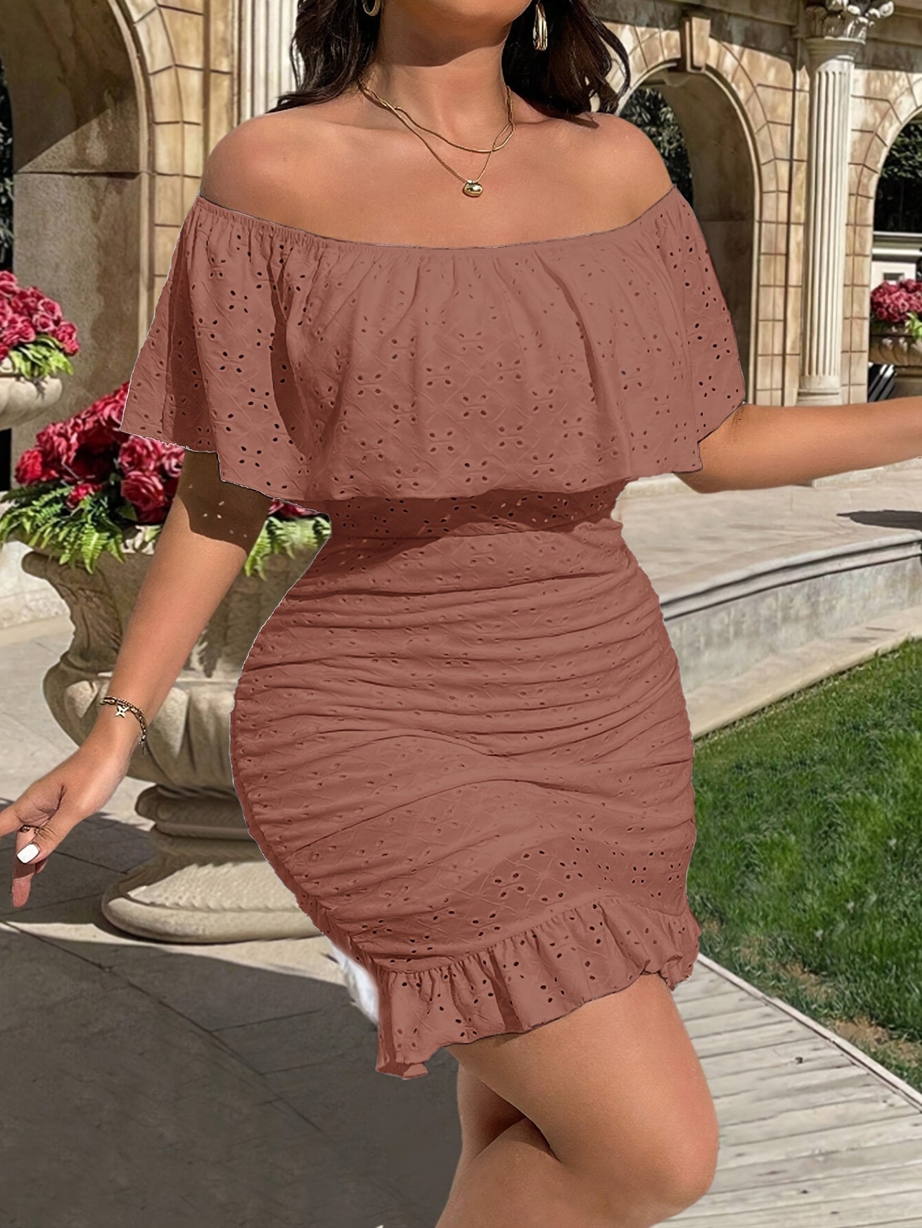 Elegant Off-Shoulder Bodycon Dress with Geometric Pattern - Stretchy Fabric, Frill Detail, All-Season Wear, Plus Size, Stylish Evening Attire|Elegant Offshoulder Style|Stretchy Dress