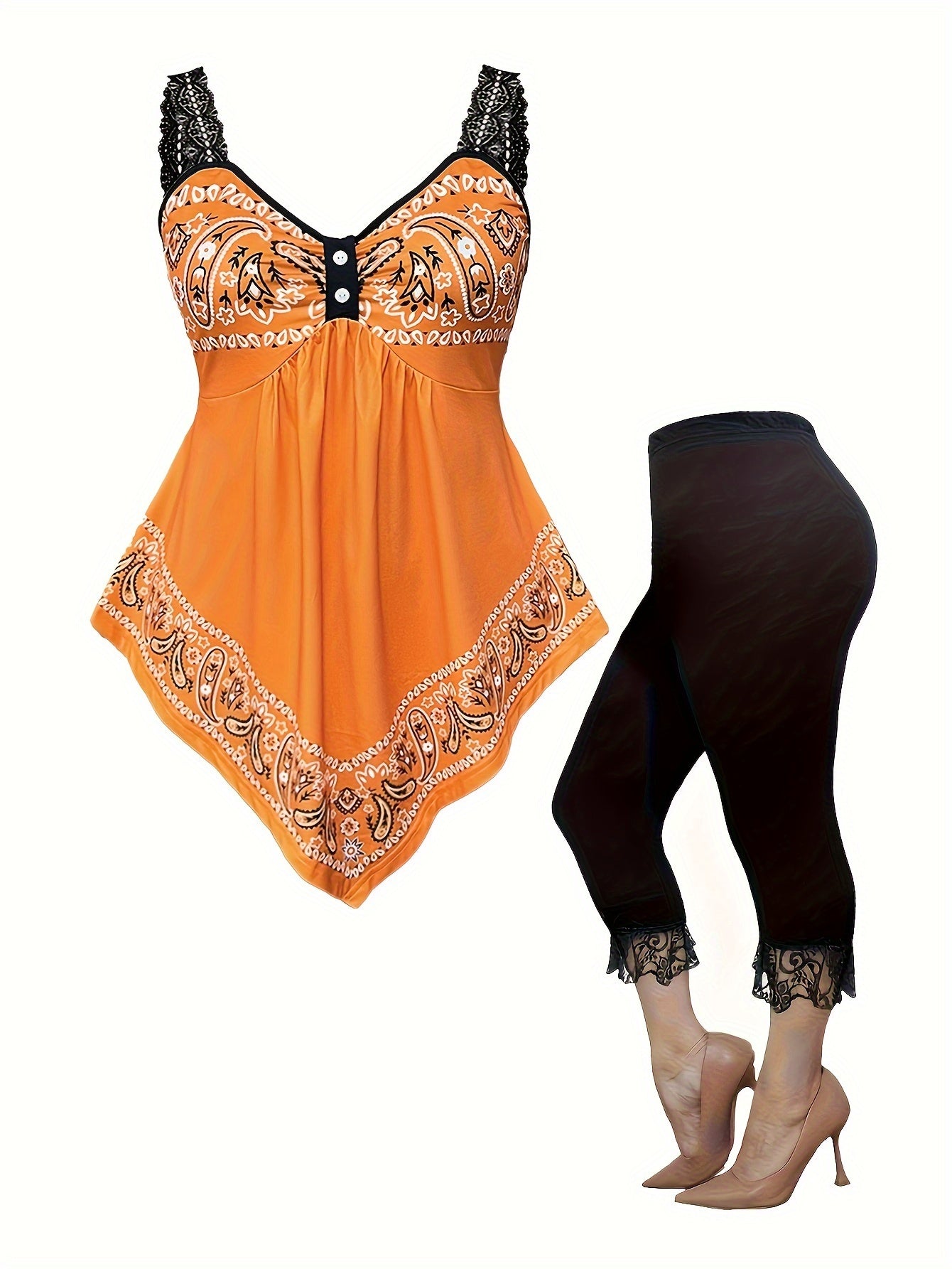 Plus Size Vacation Style Leggings Set, Paisley Print Asymmetrical Hem Lace Tank Top & Lace Stitching Capris Leggings, Women's Plus Size