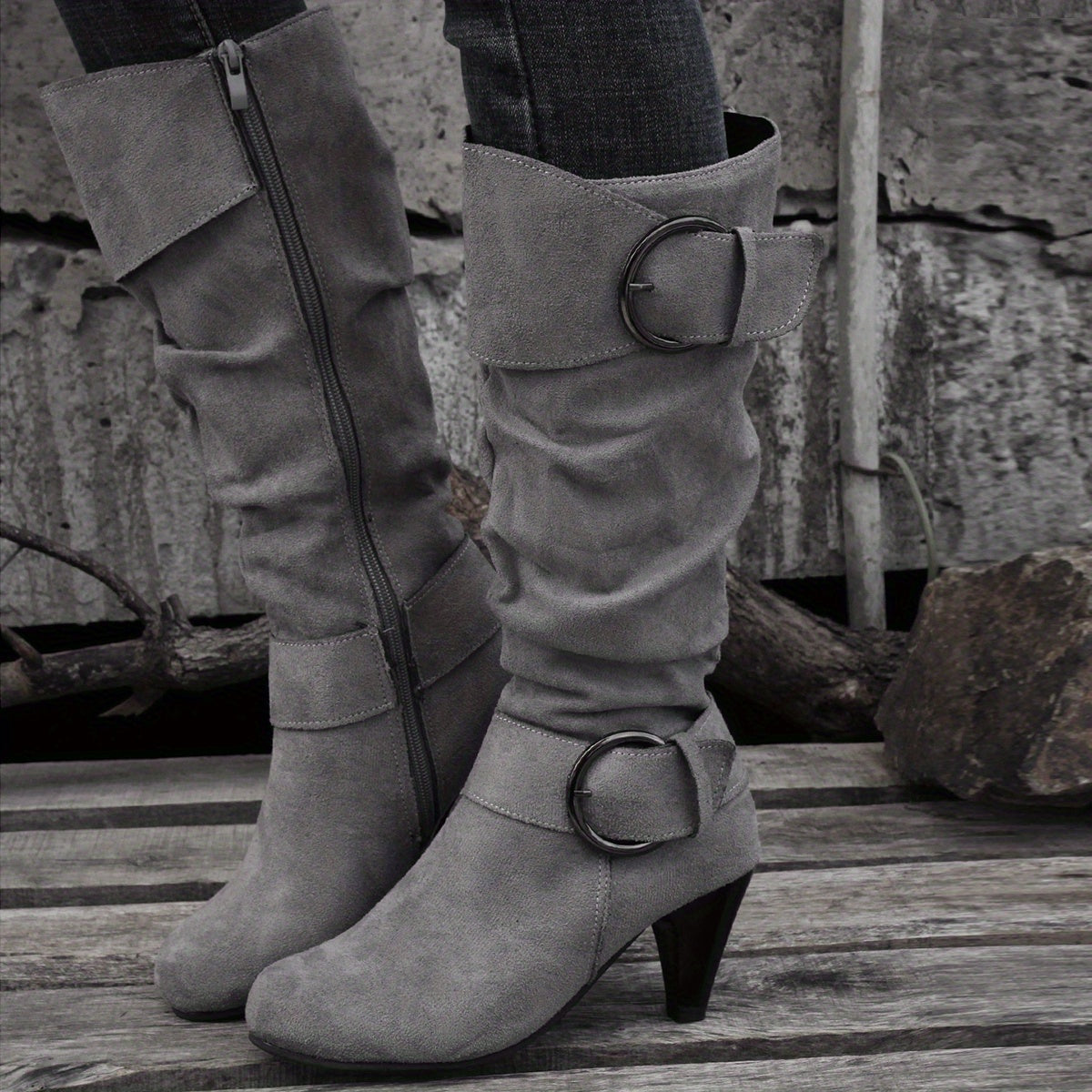 [Versatile Round Toe Boots] Versatile Round Toe Mid Calf Boots - Solid Color Chunky Heel Non-slip Outdoor Shoes - Women's