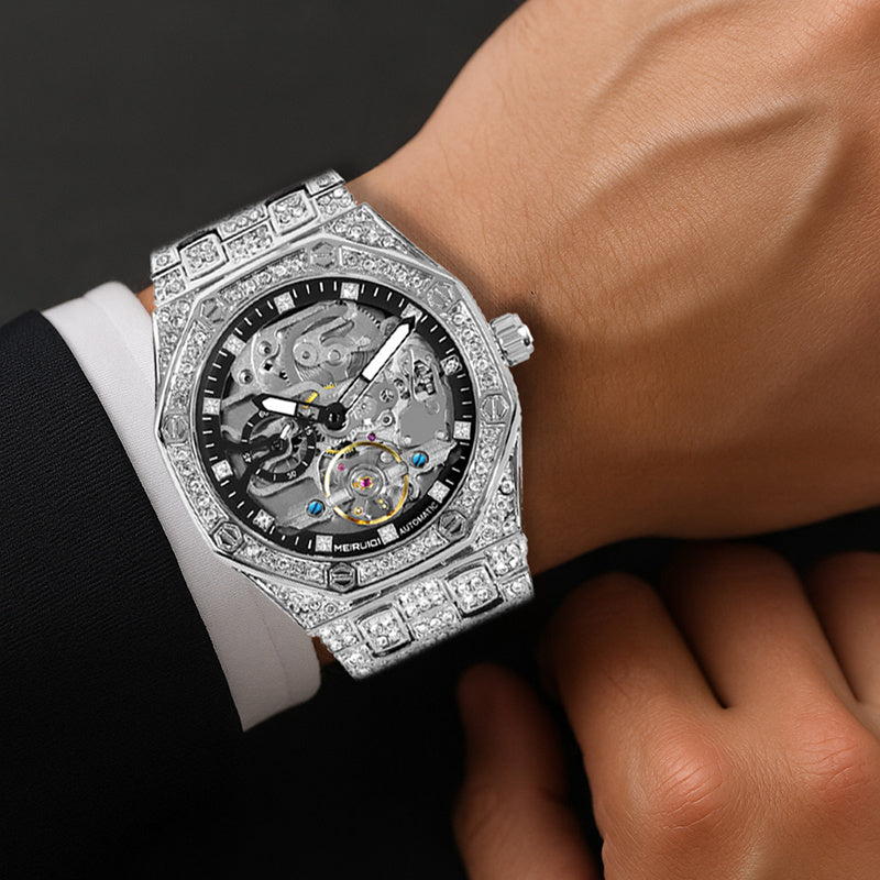 1pc Men'S Luxury Starry Sky Tourbillon Automatic Mechanical Watch with Golden-Tone & Starry Night - Self-Winding Mechanical Movement, 40mm Large Face, Without Battery