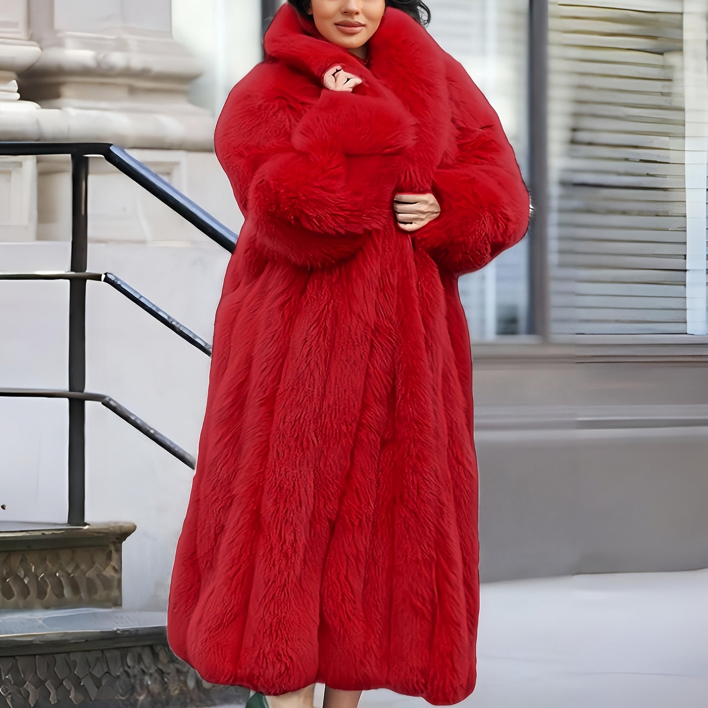 Plus Size - Plus Size Long Faux Rabbit Coat for Women | Stylish and Casual with Elegant Vibe, Non-Stretch Fabric, Lapel Collar, Solid Color, Regular Sleeve, Long Length, Fall/Winter Season