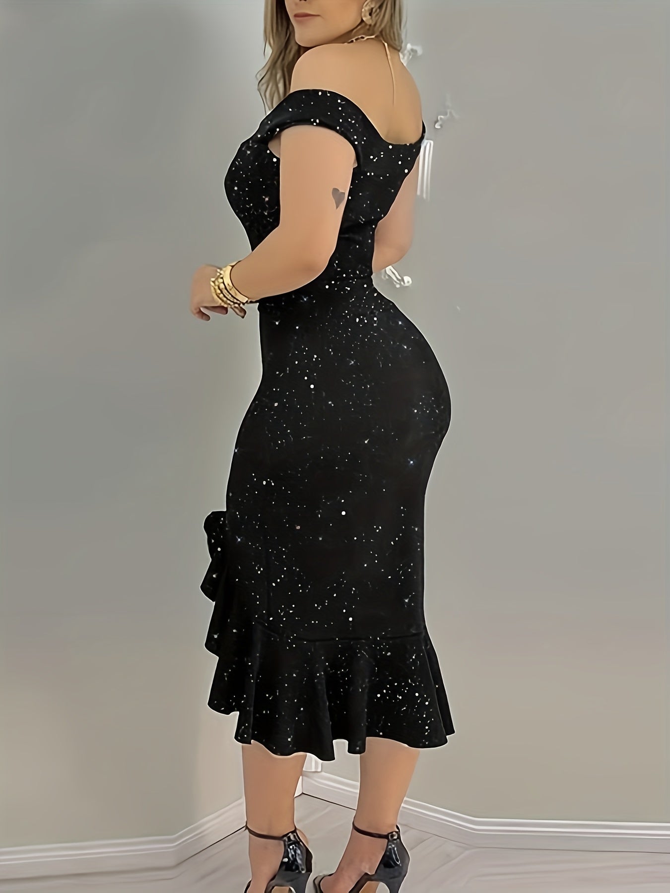 Elegant Off-Shoulder Bodycon Party Dress | Plus Size | Black with Sparkling Stars, High Thigh Slit | Ruffled Hem | Stretchy Polyester & Spandex Blend | Machine Washable | Spring/Summer Collection, Evening Event Attire | Ruffl