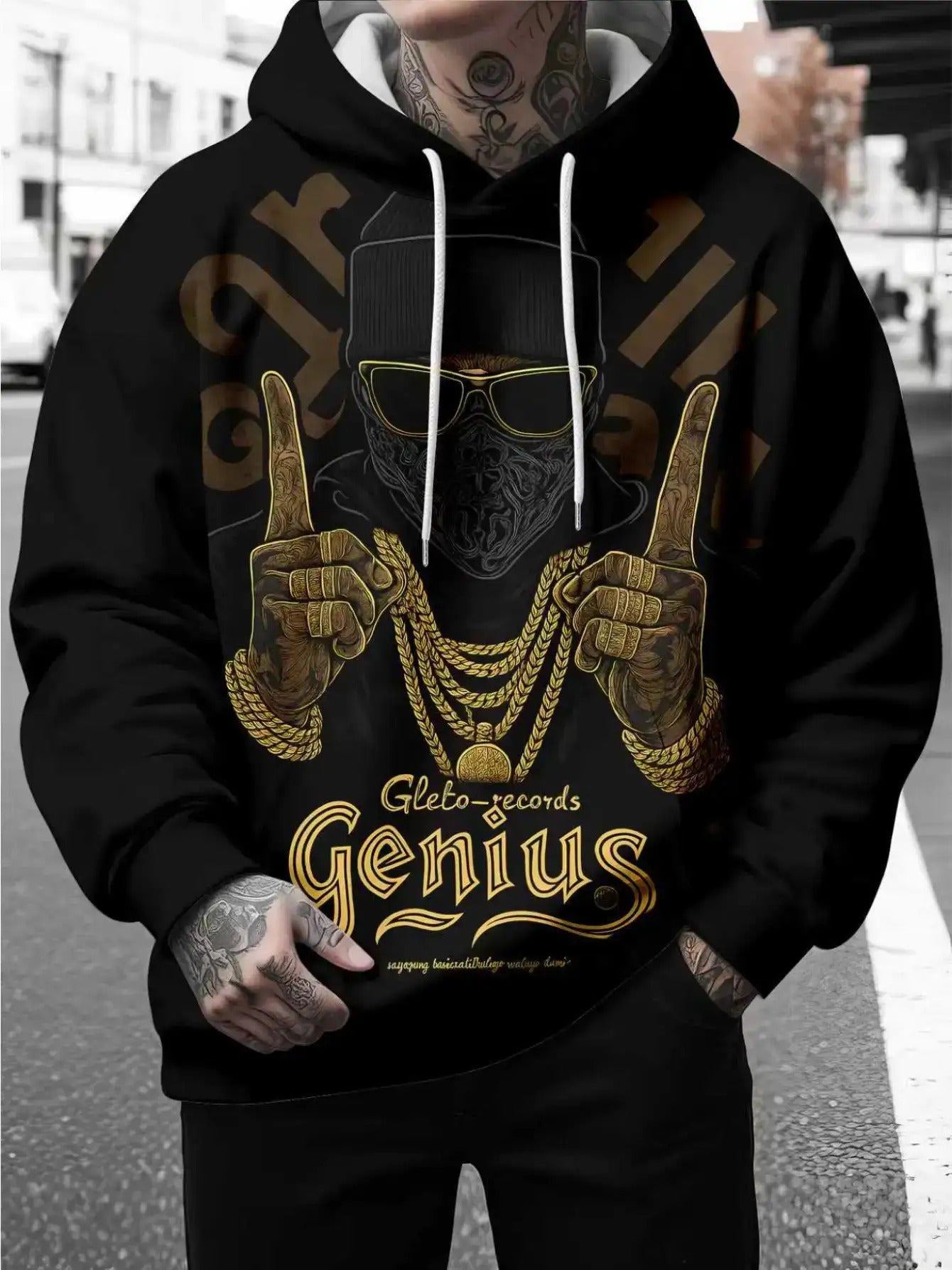 Men'S Oversized 3D Full Print Hooded Sweatshirt with Golden Chain & Dollar Bill Design - Luxury Streetwear Pullover, Machine Washable Black & Golden Hip-Hop Style, Plus Size, Casual Outfits