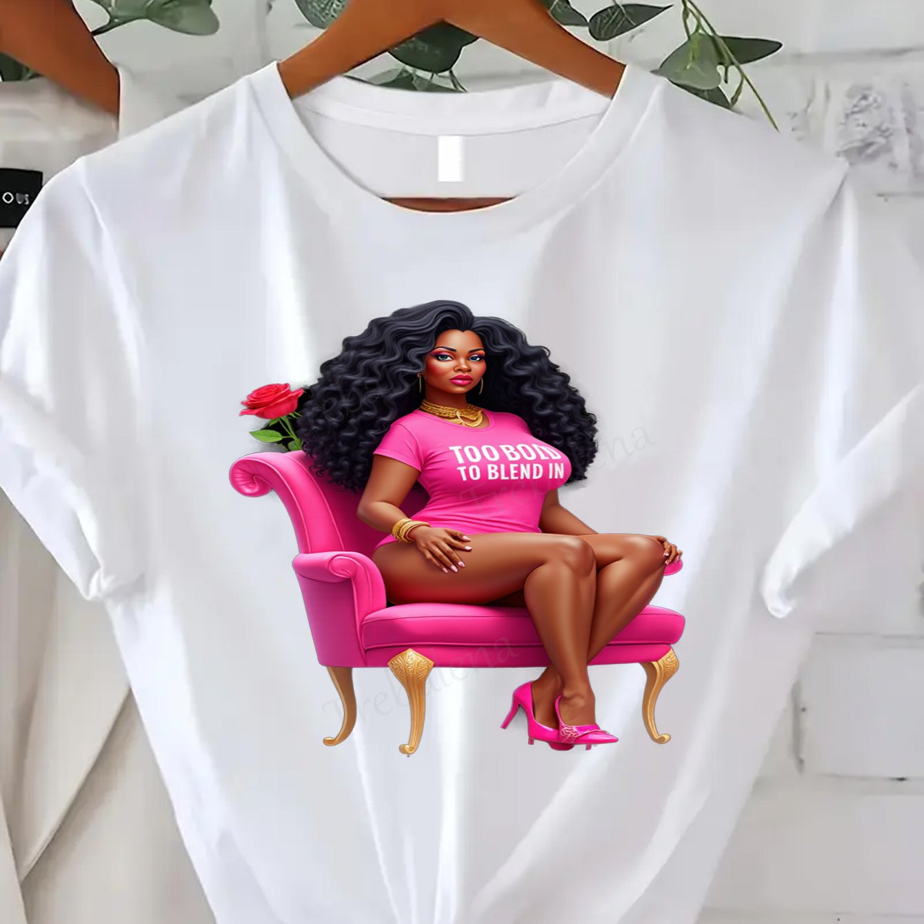 Plus Size, Trebalena Women's Plus Size Graphic T-Shirt - Sexy Curvy Lady in Pink Chair with Roses, Soft Breathable 100% Cotton Casual Everyday & Party Outfit - Perfect Halloween, Christmas, Birthday Gifts for Women - Non-See