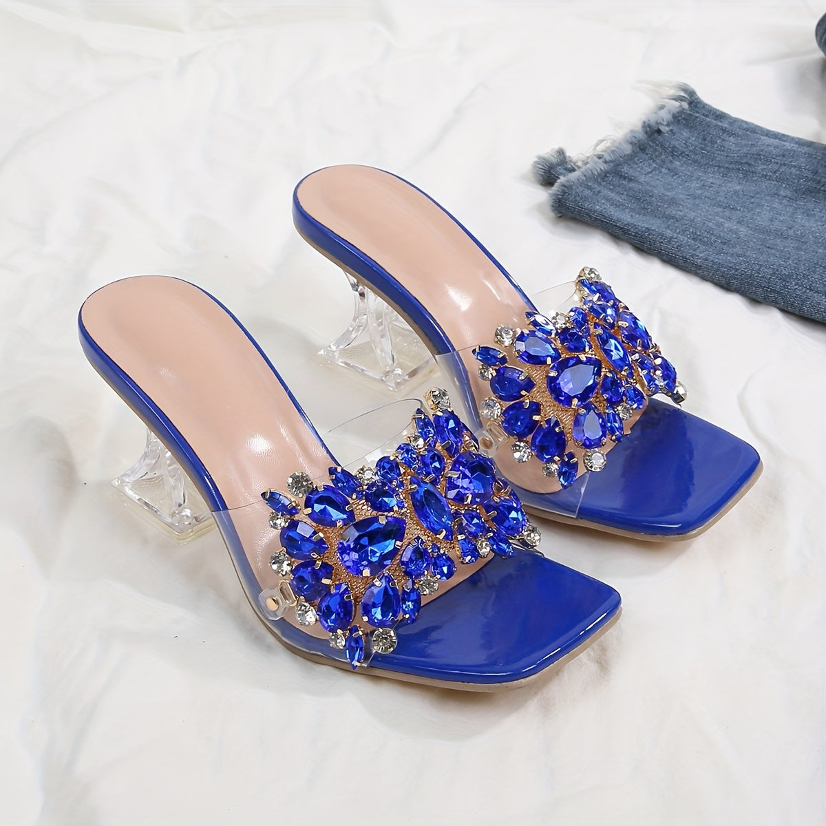 New Women'S High-Heeled Sandals with Transparent Crystal Heels And Rhinestone Embellishments, Perfect for Upscale Parties And Weddings.