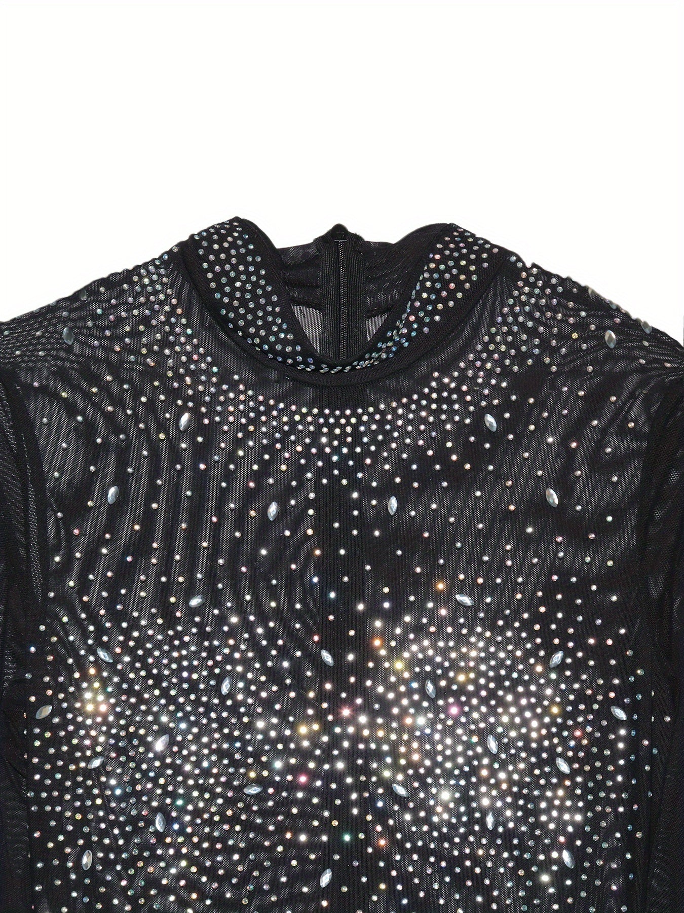Women's Sexy Sparkling Rhinestone Mesh Jumpsuit - Long Sleeve Tight-Fitting Shorts with Crisscross Top, Semi-Sheer All-Season Party & Night Out Outfit, Nightclub Attire, Bodycon Style, Rhinestone Embellishments
