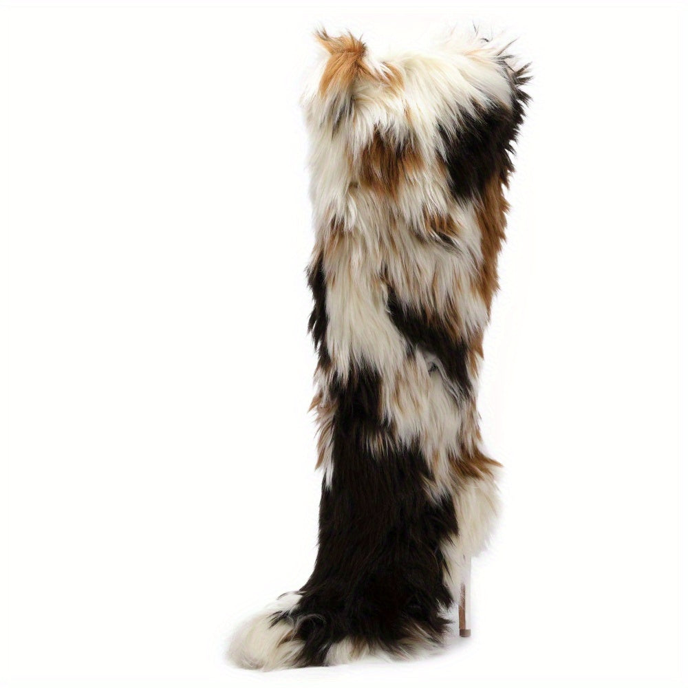 Women'S Faux Fur Knee-High Boots with Kitten Heel - Furry Fluffy Pointed Toe Winter Comfy Plush Warm Boots