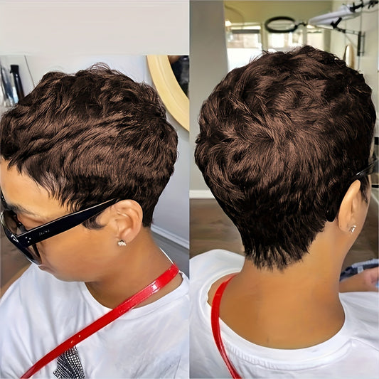 Brazilian Human Hair Wig Pixie Cut Short with Bangs - 180% Density Rose Net Cap Machine-Woven Wig for Women, Natural Straight Hair, Elegant Style, Fit All Ethnicities, Short Hair Wig, Versatile Hairpiece, Chic Hairpiece