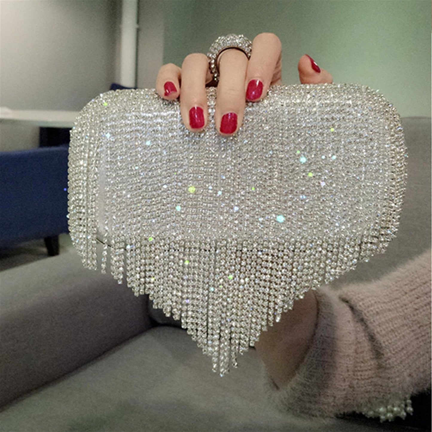 Female Evening Bag, Small Portable Rhinestone Tassels Handbag Purse Nice Gift for Women, Silvery/Golden/Black