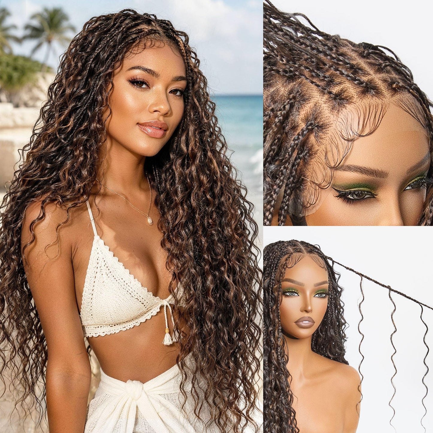 Frodio Braided Wig Veralux™ Fiber Full Lace Boho Curly Water Wave Synthetic Box Braided Wigs For Black Women Salon-Level 200% Density Bohemia Natural Scalp 30 Inches Blonde Ombre Color