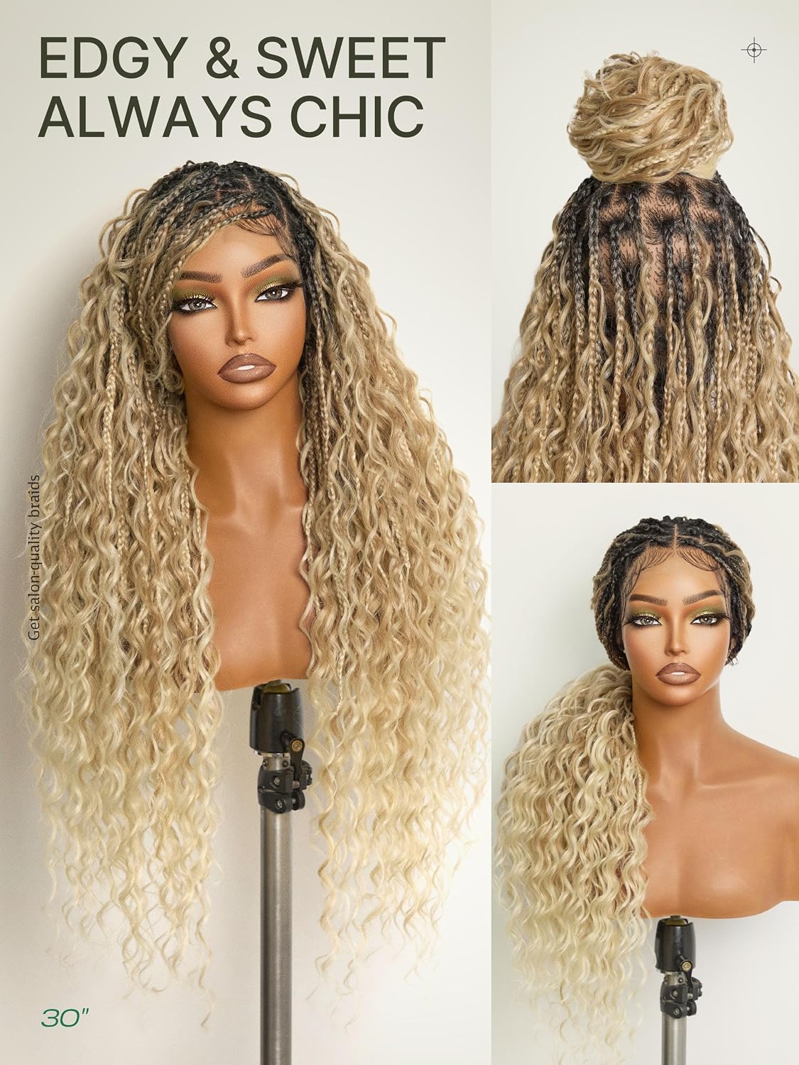 Frodio Braided Wig Veralux™ Fiber Full Lace Boho Curly Water Wave Synthetic Box Braided Wigs For Black Women Salon-Level 200% Density Bohemia Natural Scalp 30 Inches Blonde Ombre Color