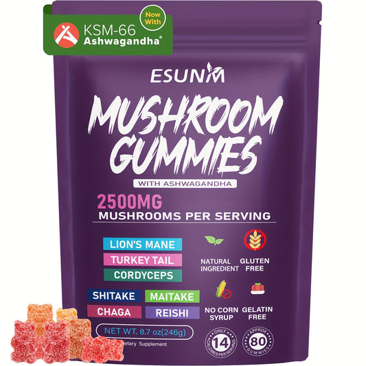 1/2/3/4 Bags of Lion's Mane Mushroom Gummies, Ashwagandha Gummies - Contains Ganoderma, Cordyceps, Turkey Tail, Dancer's Mushroom, Shiitake and Bupleurum, Low Carb, 80 Gummies per Bag, ESUNM