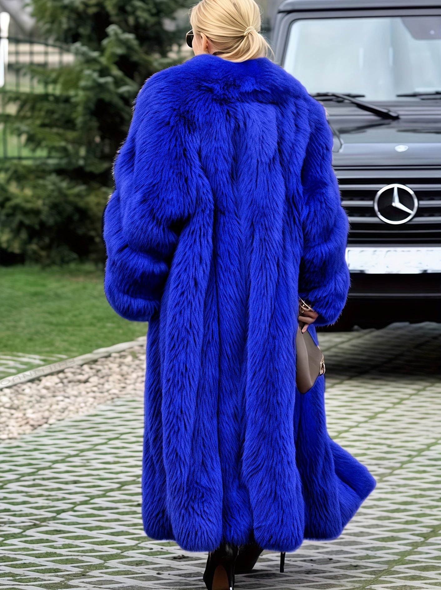 Plus Size - Plus Size Long Faux Rabbit Coat for Women | Stylish and Casual with Elegant Vibe, Non-Stretch Fabric, Lapel Collar, Solid Color, Regular Sleeve, Long Length, Fall/Winter Season