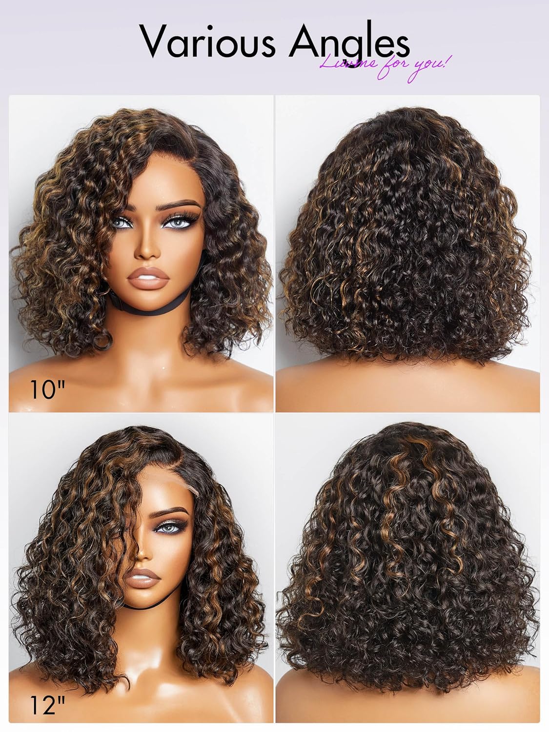 LUVME HAIR 12" Curly Bob Glueless with Blonde Highlights Wigs Human Hair | Without Spray Wigs Pre Plucked Pre Cut Undetectable HD Lace No-Glue Need Protective Wig Short Ready to Go Wig 180 Density