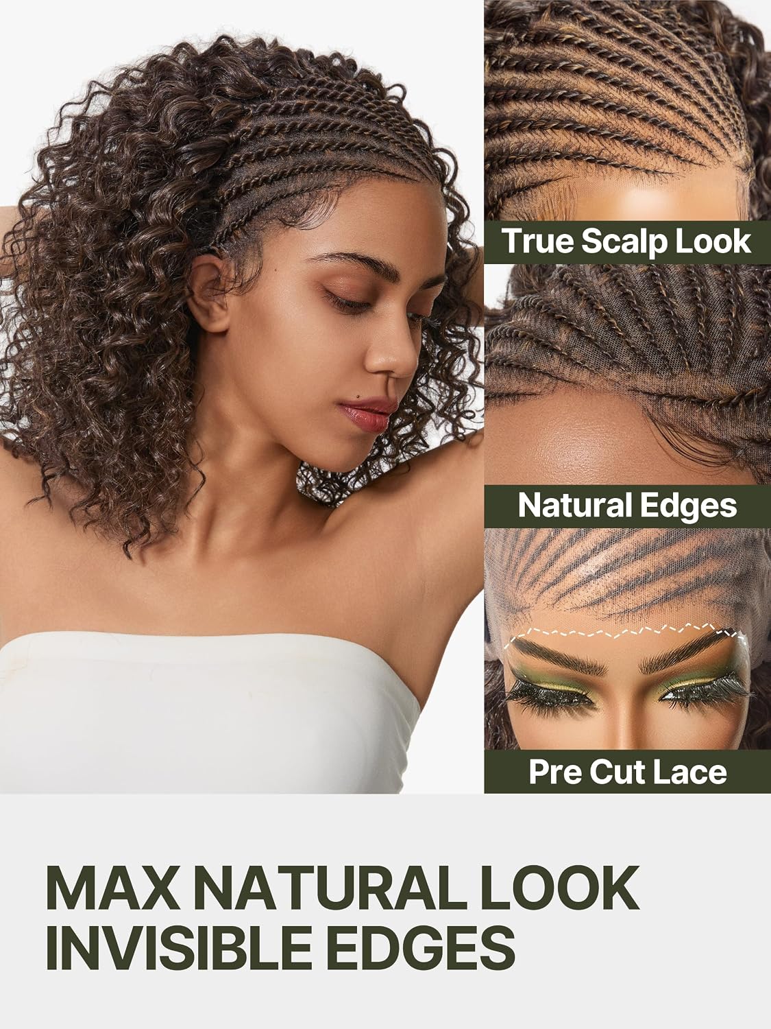 Frodio 13×6 Cornrow Braided Wig for Black Women Veralux™ Fiber 12 Inches Water Wave Lace Front Wig Pre-Cut Lace Wig Beginner Friendly Highlight Brown