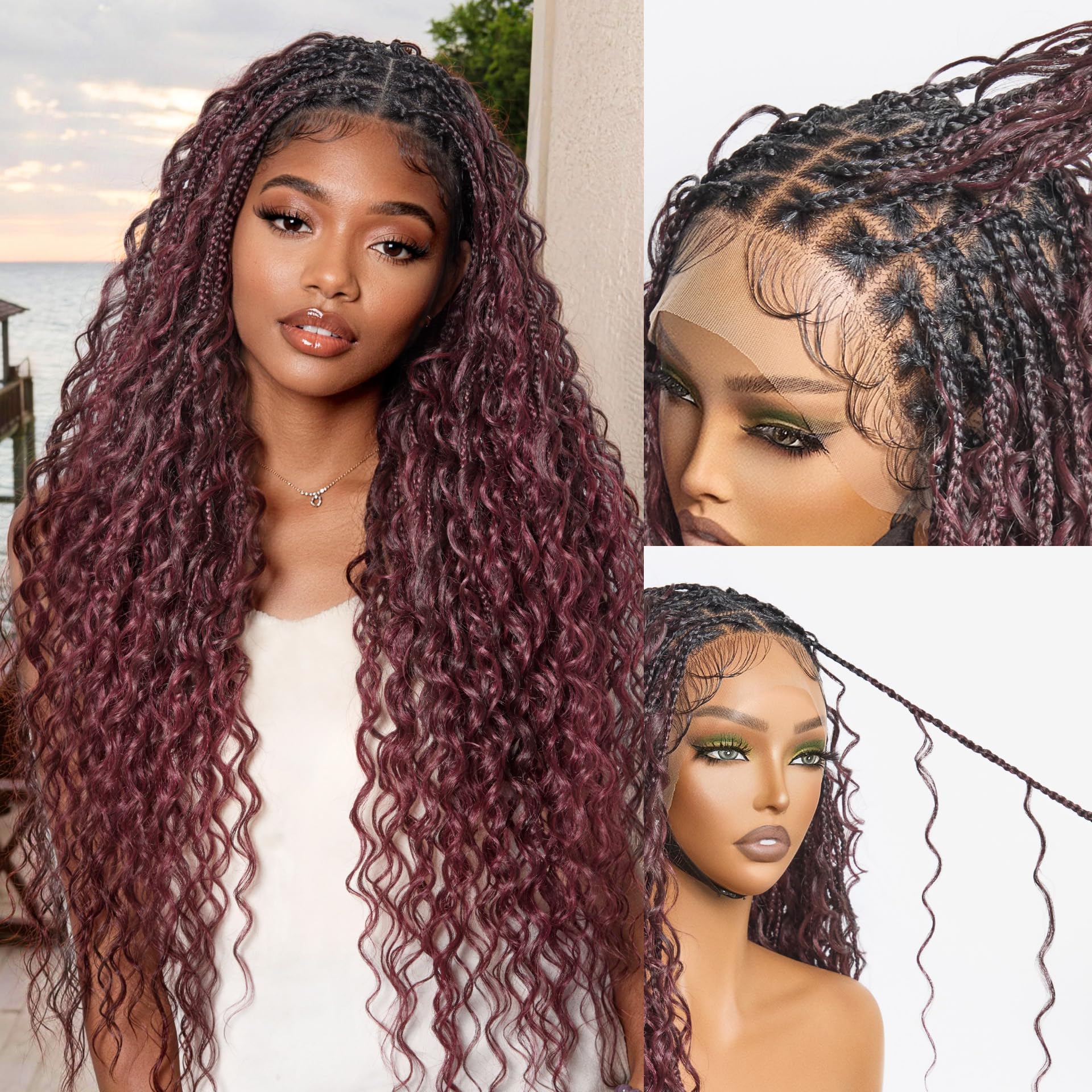 Frodio Braided Wig Veralux™ Fiber Full Lace Boho Curly Water Wave Synthetic Box Braided Wigs For Black Women Salon-Level 200% Density Bohemia Natural Scalp 30 Inches Blonde Ombre Color
