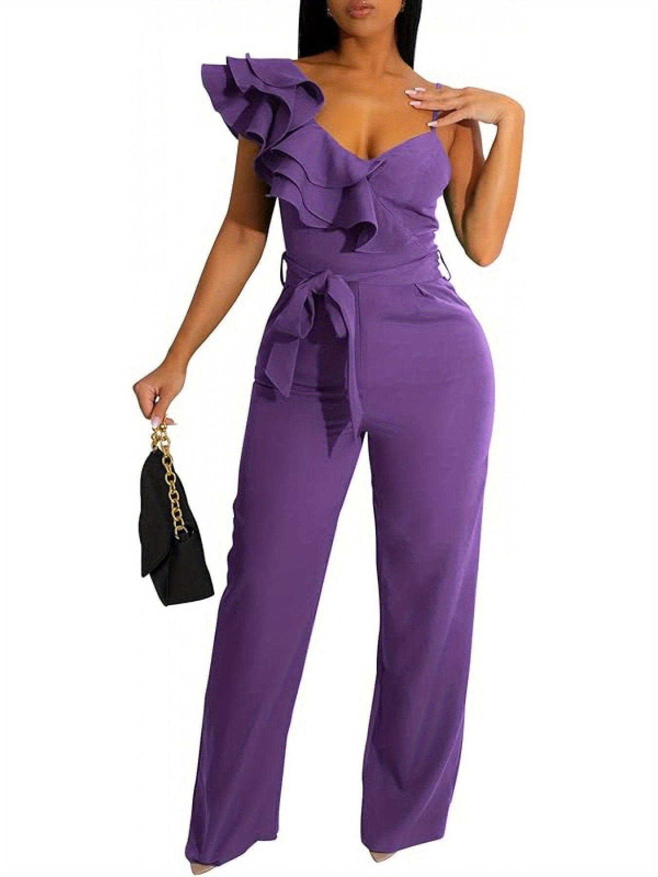 Women'S Casual Jumpsuit V Neck Sleeveless One Shoulder Ruffle Halter Backless Drawstring Wide Leg Pants Sexy Bodysuit Party Club Costume