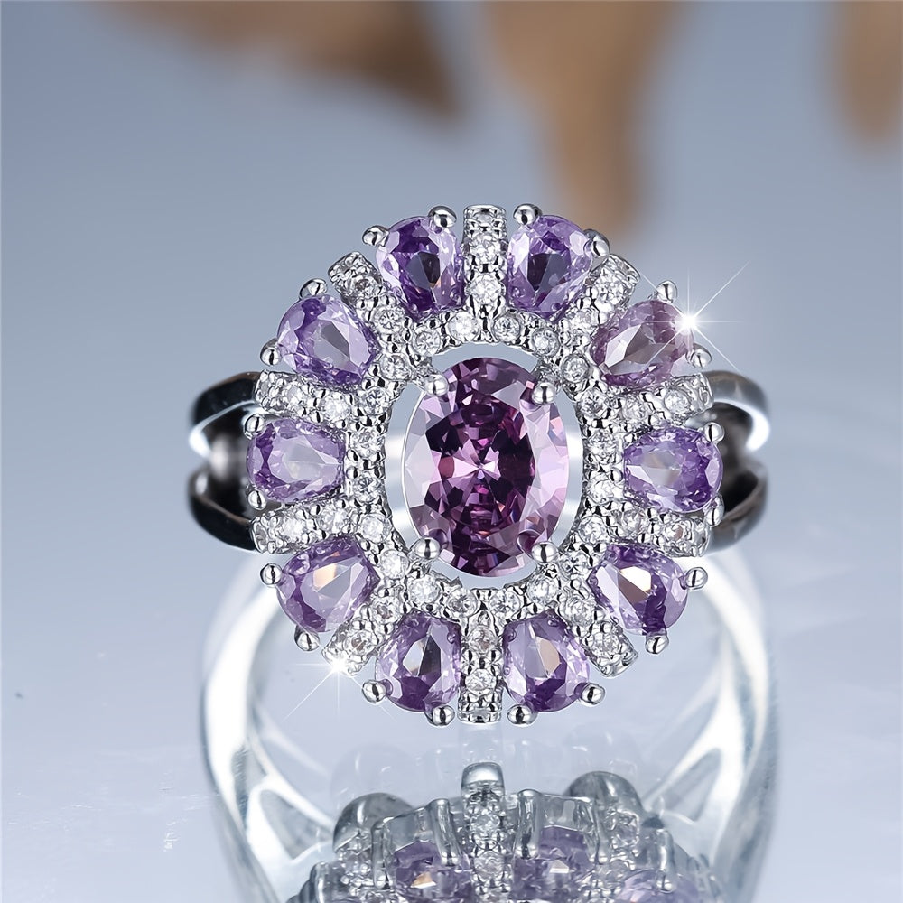 A Ring Featuring a Teardrop-Shaped Floral Design with a Silvery Oval-Cut Purple Faux, Perfect for Weddings, Engagements, Or Valentine'S Day Gifts., For Teenager