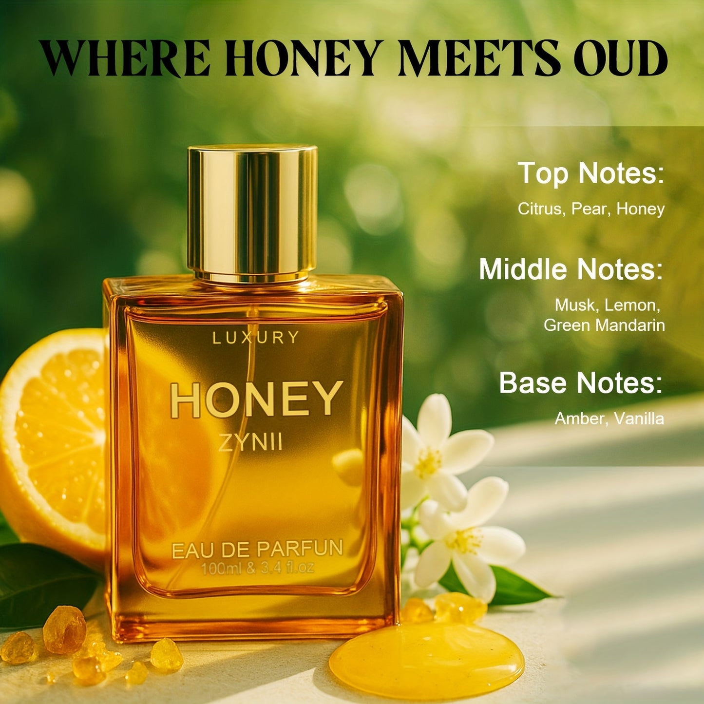 Luxury Honey Oud Perfume 3.4oz - Long-Lasting Sweet Honey & Oud Scent, Perfume Oil with, Elegant ' & ' Fragrance for Day & Night Use, -Light Beige Suitable