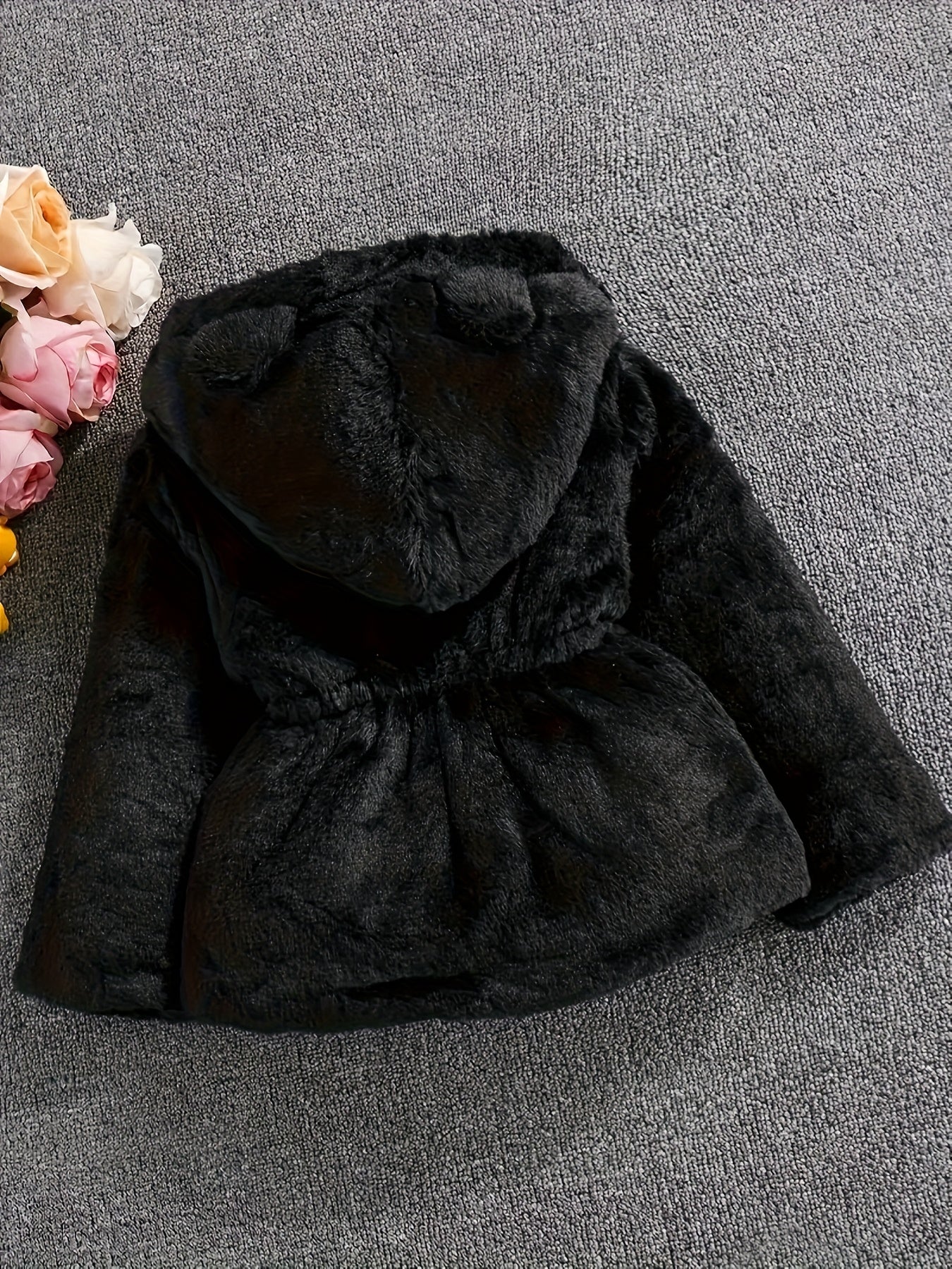 Girls' Cozy Faux Fur Hooded Coat - Warm Zip-Up Winter Jacket with Pockets, Cute Ear Flaps & Plush Trim, Vibrant Red Mid-Length Casual Fall/Winter Outerwear for Youngsters & Toddlers, Autumn Winter Apparel, Playful Design, Sof