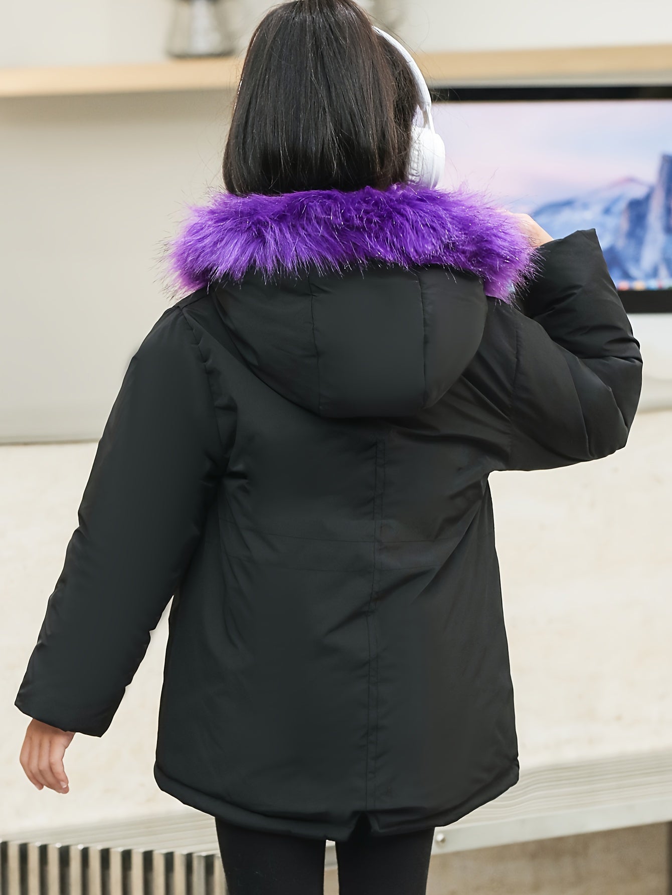 Girl's Chic Furry Collar Long Sleeve Parka Jacket, Comfy Plush Lined Warm Long Sleeve Outerwear