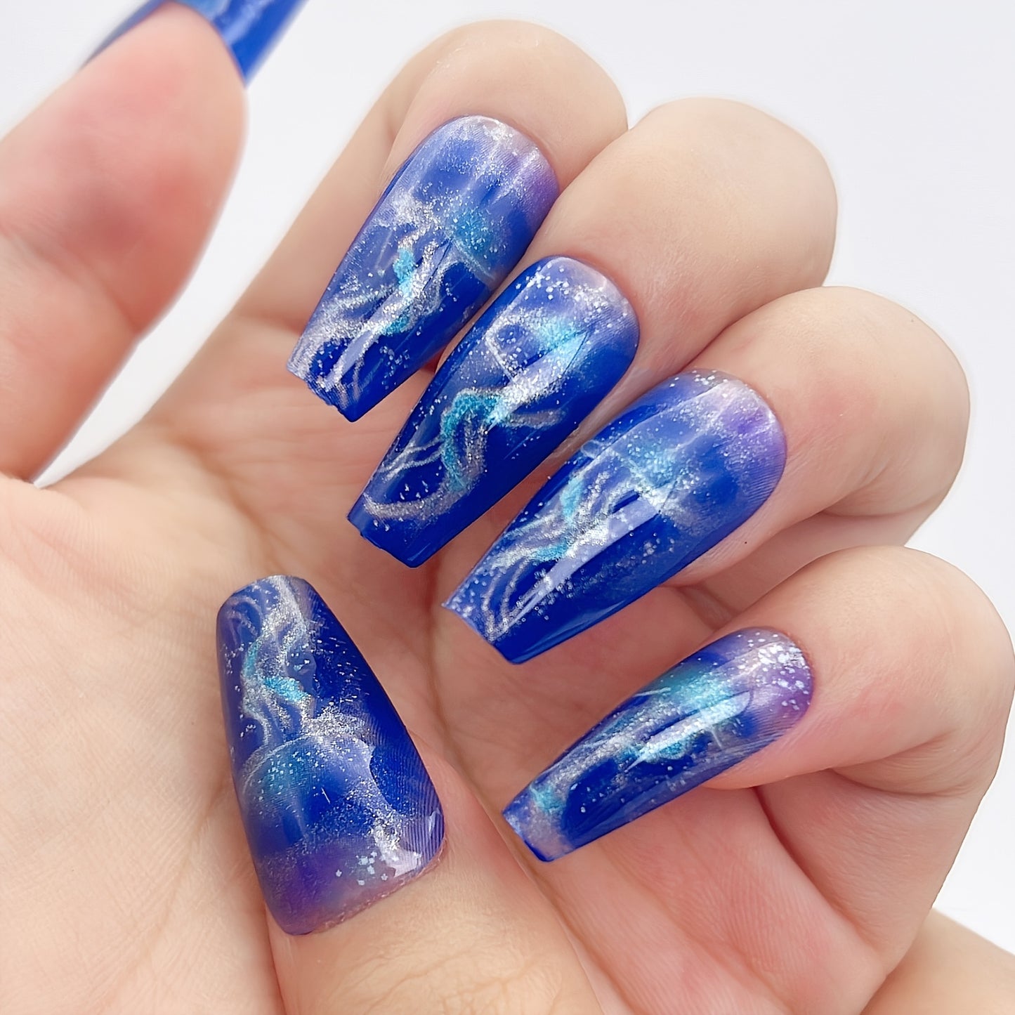 [Glowing Fake Nails] NGMATY 24pcs Gel False Nail Set | Medium Length Blue Jellyfish Coloring Glowing Fake Nails 12 Sizes - Press On Nails