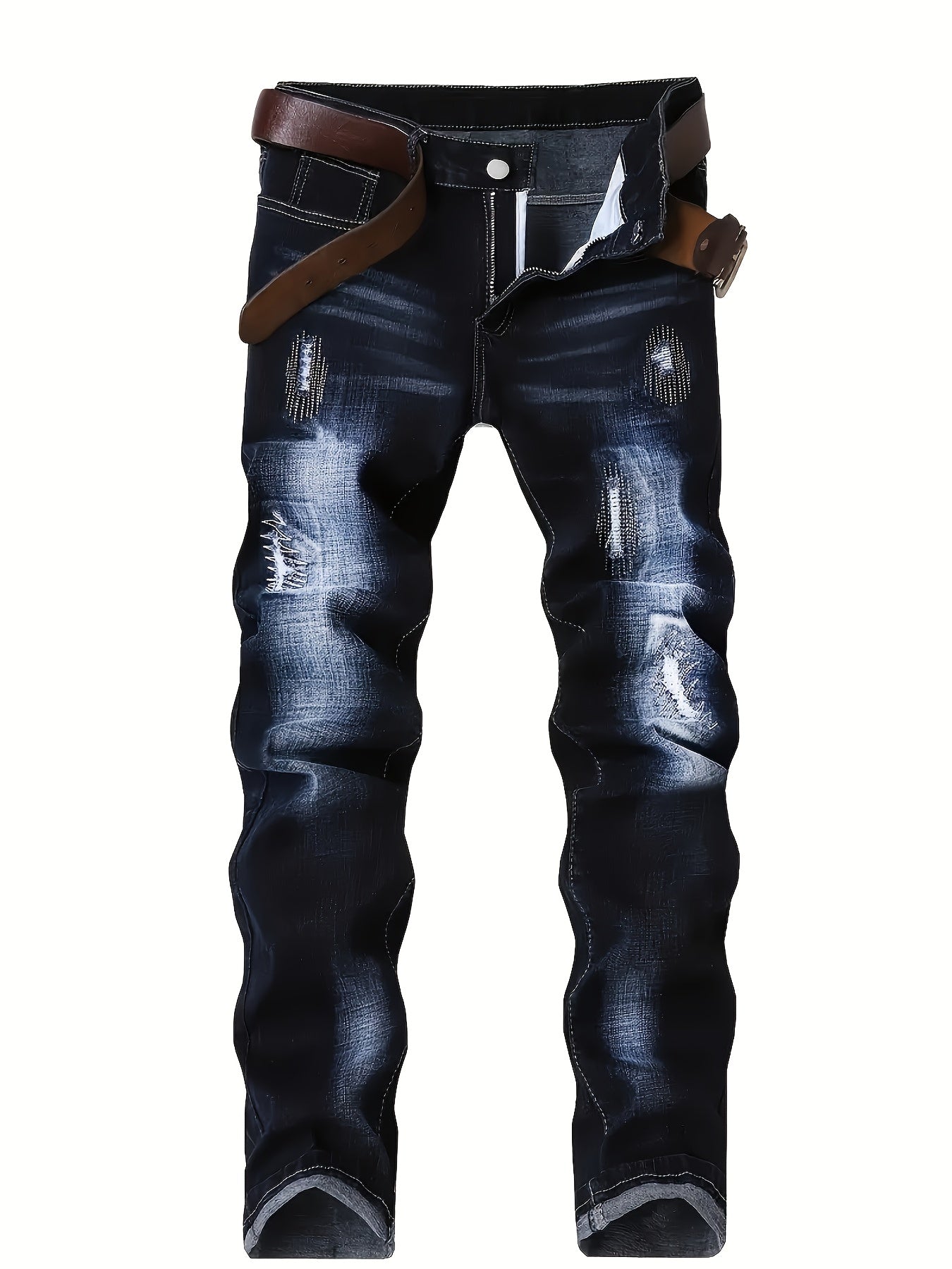 2025 New Men'S Slim-Fit Straight Leg Faux Denim - Stretch Soft Faux Denim Pants with Elastic Waist & Built-In Zipper Closure, All-Season Comfort, Classic Blue Washed Casual Trousers for Casual Attire, Office & Semi-Formal Out