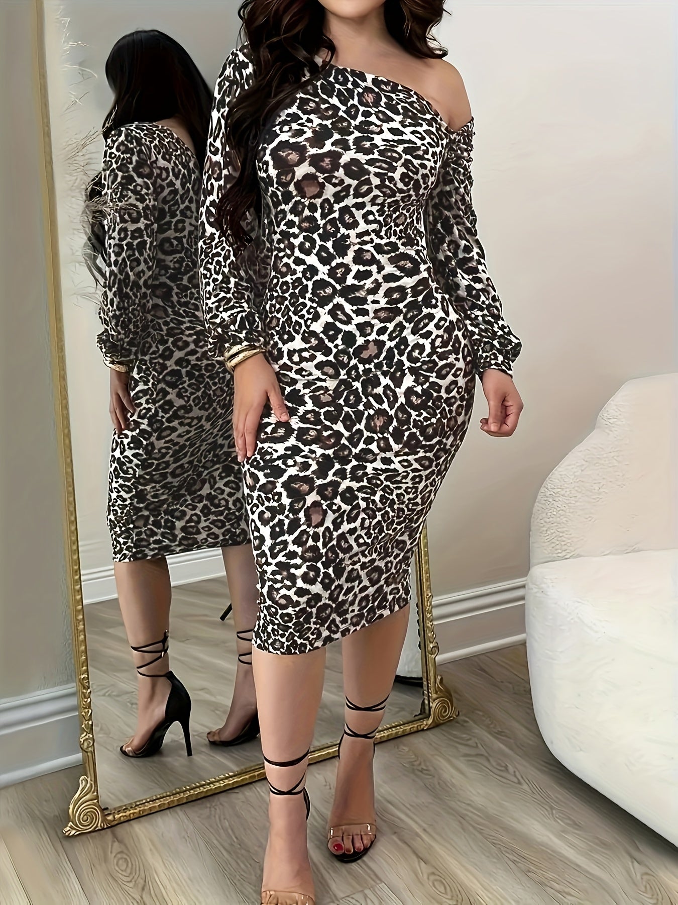 Women'S Elegant Leopard Print Bodycon Dress, Long Sleeve Asymmetrical Strapless Knit Polyester (95% Polyester, 5% Elastane), Skinny Fit, High Stretch, Spring/Summer Fashion, No Belt Design