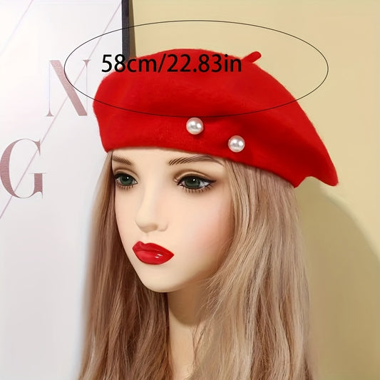 1pc Women's Polyester Beret with Artificial Pearl Accents - Elastic Fit, Lightweight Knitted Painter Hat for Valentine's Day, Versatile Daily Wear Accessory, Commuting Accessory | Artificial Pearl Detail | Polyester Fiber Hat