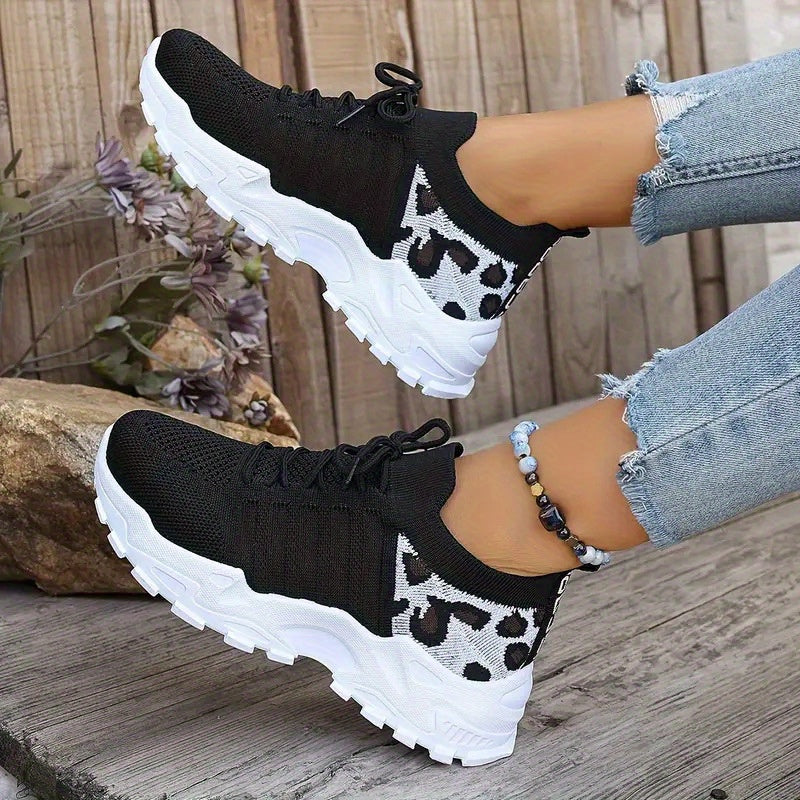 Women'S Shoes, Fashionable New Style, Mesh, Breathable Sports Shoes, Retro White Sneakers, Korean-Style, Casual Women'S Shoes, Leopard Print Embellishment, Running, Walking, Brisk Walking, Tennis, Outdoor