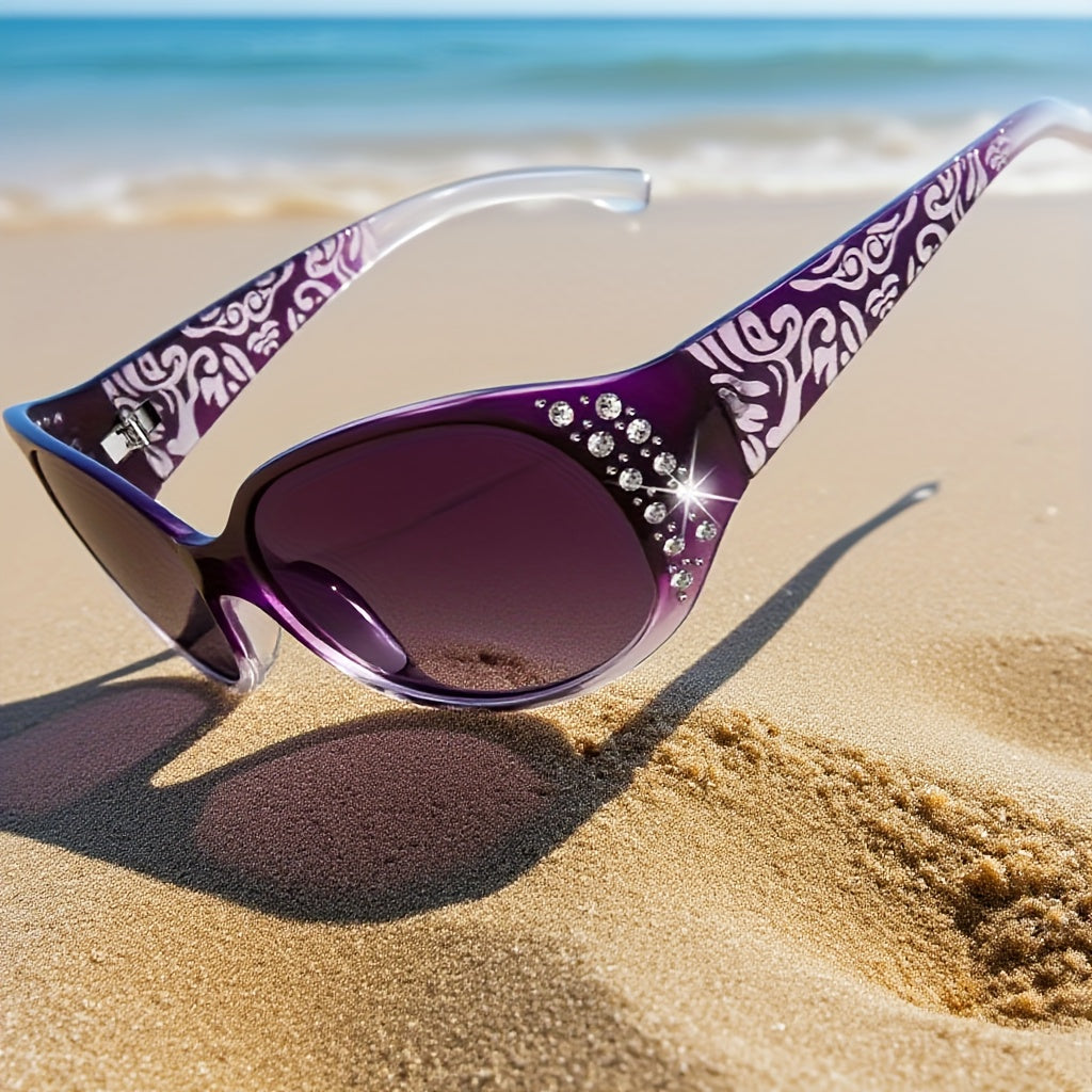 Trendy Glasses for Women - Fashionable Rhinestone-Embellished Cat-Eye Glasses with Purple Floral Design, Lightweight & Durable Frames for Beach, Driving, Outdoor Activities, Street Style, Photoshoot, Luxury Vacation Essential