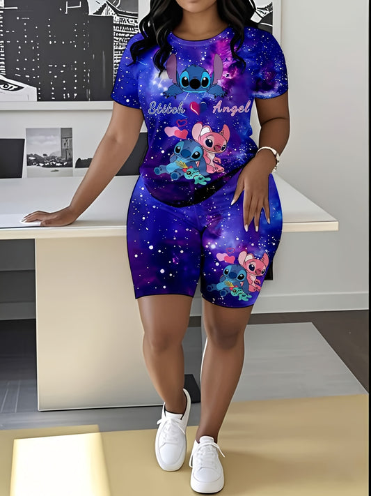 Plus Size Diseny Stitch Mouse Two Piece Women'S Sports Set, Short Sleeve Crew Neck Top And Sports Shorts Set, Women'S Plus Size Suit, Loose Comfortable Sports Set