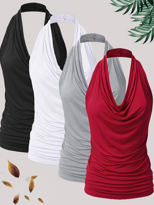 New Fashion Women'S Casual Solid Color Halter Neck Large Size Vest Four-piece Set