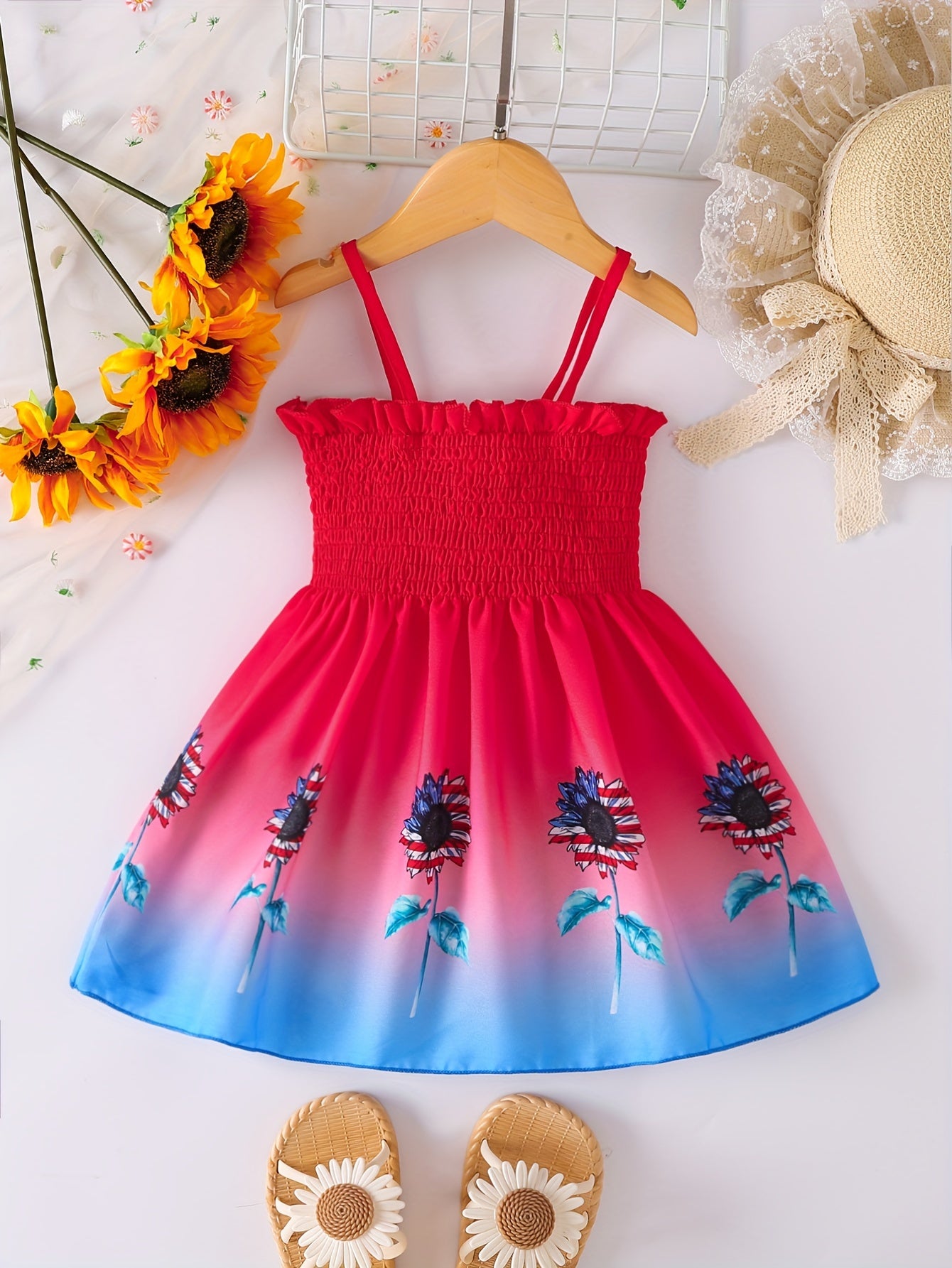 [Sunflower | Girls] Gradient Color Sunflower Princess Dress | Toddler Girls Shirred Cami Frill Trim | For Party Beach Vacation Kids Summer Clothes 4th Of July Outfit