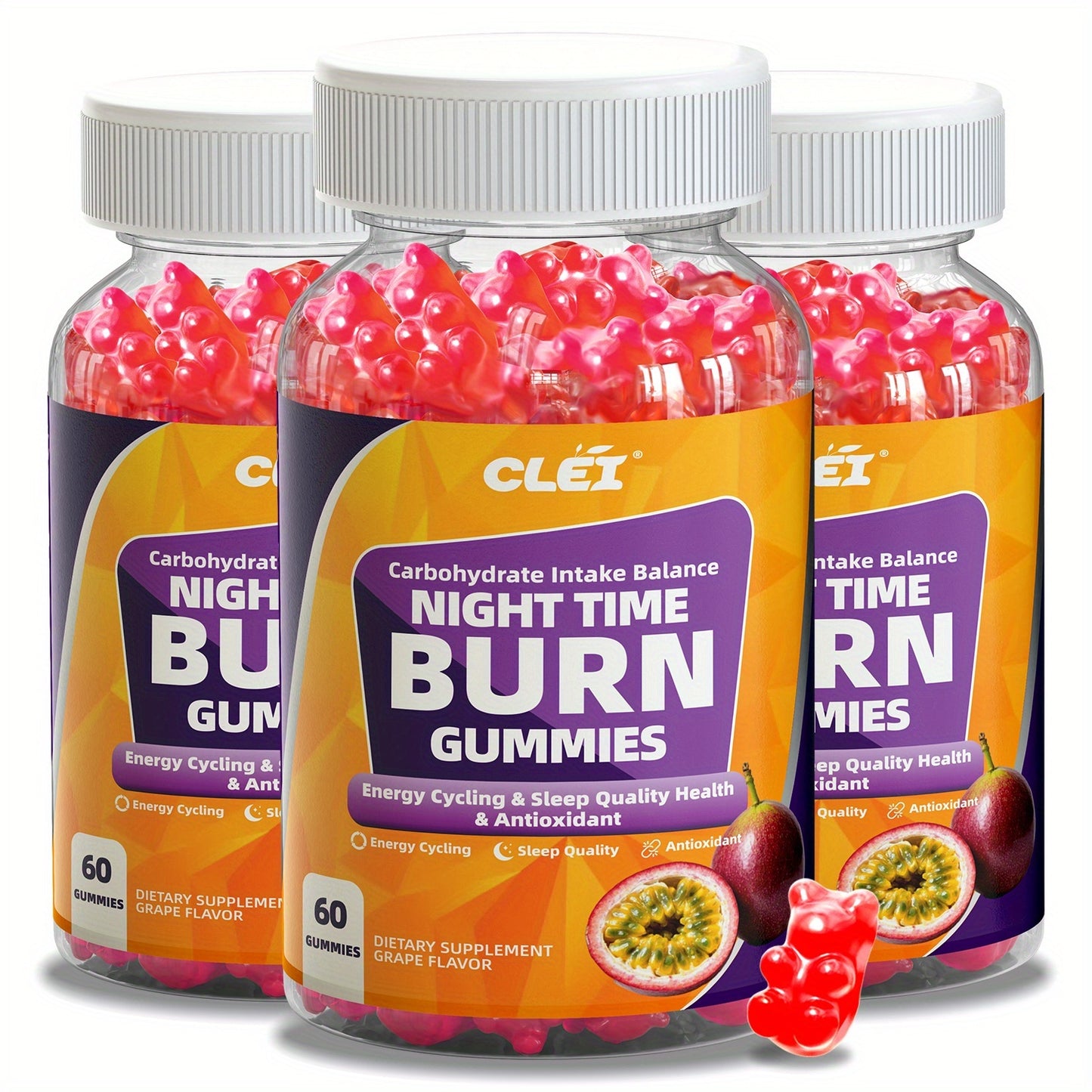 CLEI-NIGHT TIMEBURN Antioxidant Gummies with White Kidney Bean Extract, Green Coffee Bean Extract, Lemon Balm, Melatonin & Passionflower - 60 Gummies for Sleep Aid, Mood Support & Nighttime Digestion, Gentle Nighttime Formula