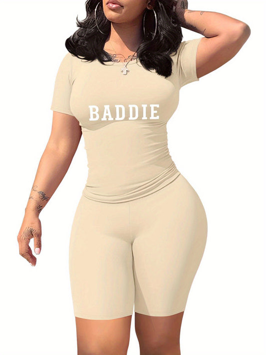 Baddie Women'S SlimFit TShirt and Shorts Set, Premium Baddie Lettering Print, Durable Baddie Graphic Design, Casual Baddie Style Fashion with Soft Fabric, Comfortable and LongLasting Baddie Trend., Allseason Apparel, Trendy O