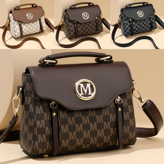 Vintage Geometric Women's Handbag - Large Capacity PU Shoulder Bag with Golden-Tone Hardware, Herringbone Pattern & Letter "M" Design, Detachable Strap, Perfect for Everyday Use (Light Brown/White/Black)