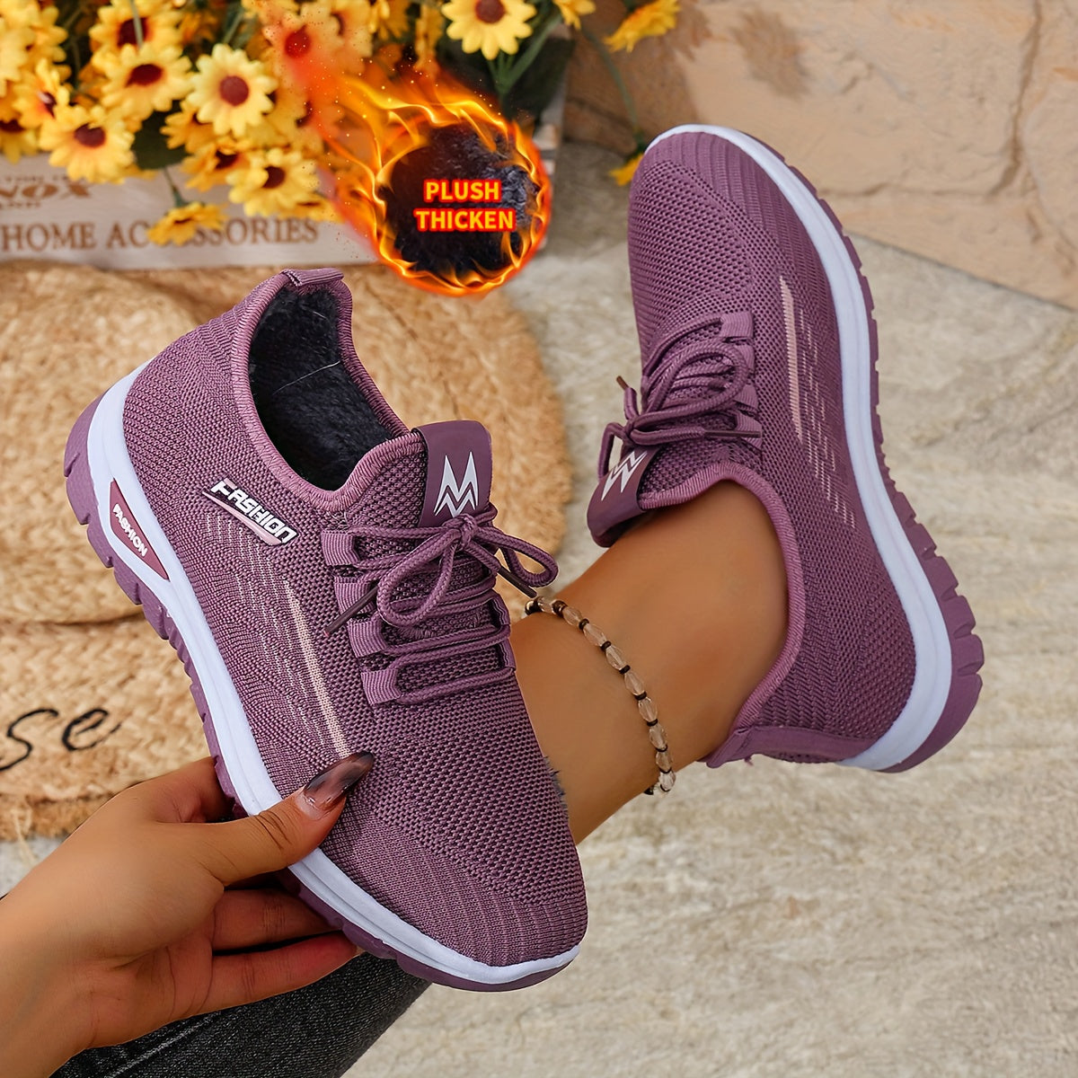 [Autumn And Winter ]Orange Fleece-Lined Warm Shoes, Thickened Cushioning Shoes Exclusive for Winter, Orange And Purple Spliced Lace-Up Trendy Warm Sports Shoes, White Casual Shoes, Shoes For Women/elegant Shoes For Women, Sea