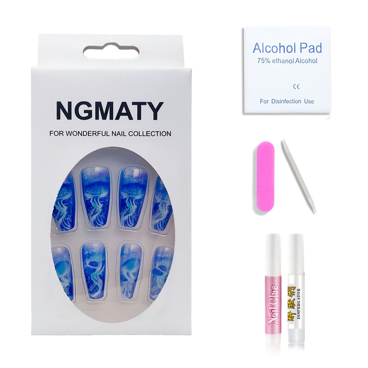 [Glowing Fake Nails] NGMATY 24pcs Gel False Nail Set | Medium Length Blue Jellyfish Coloring Glowing Fake Nails 12 Sizes - Press On Nails