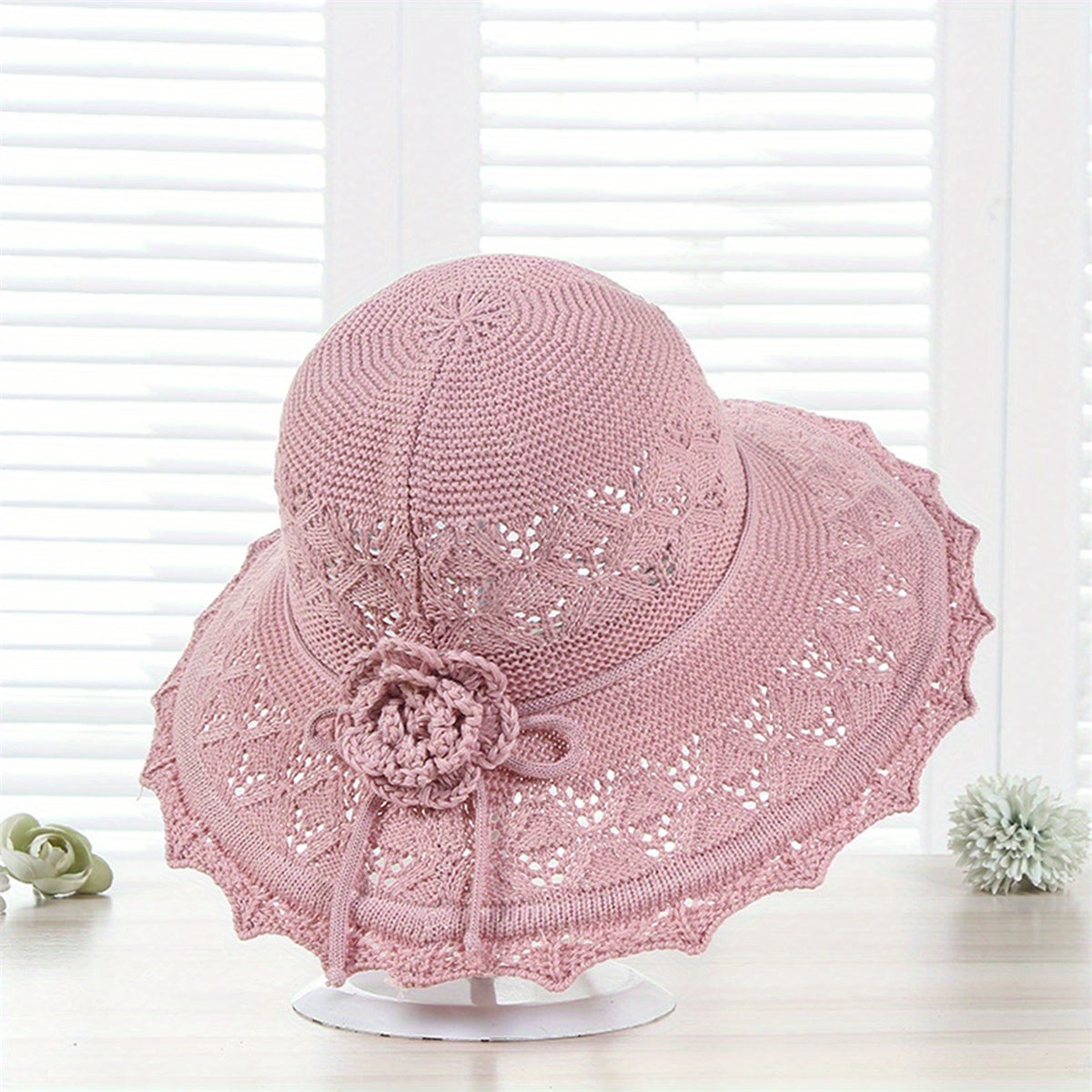 MONYPLAY Women's Summer Crochet Straw-Style Acrylic Sun Hat - Wide Brim Lightweight Floppy Beach Hat with Floral Embellishments, Machine Washable for Outdoor, Garden & Picnic