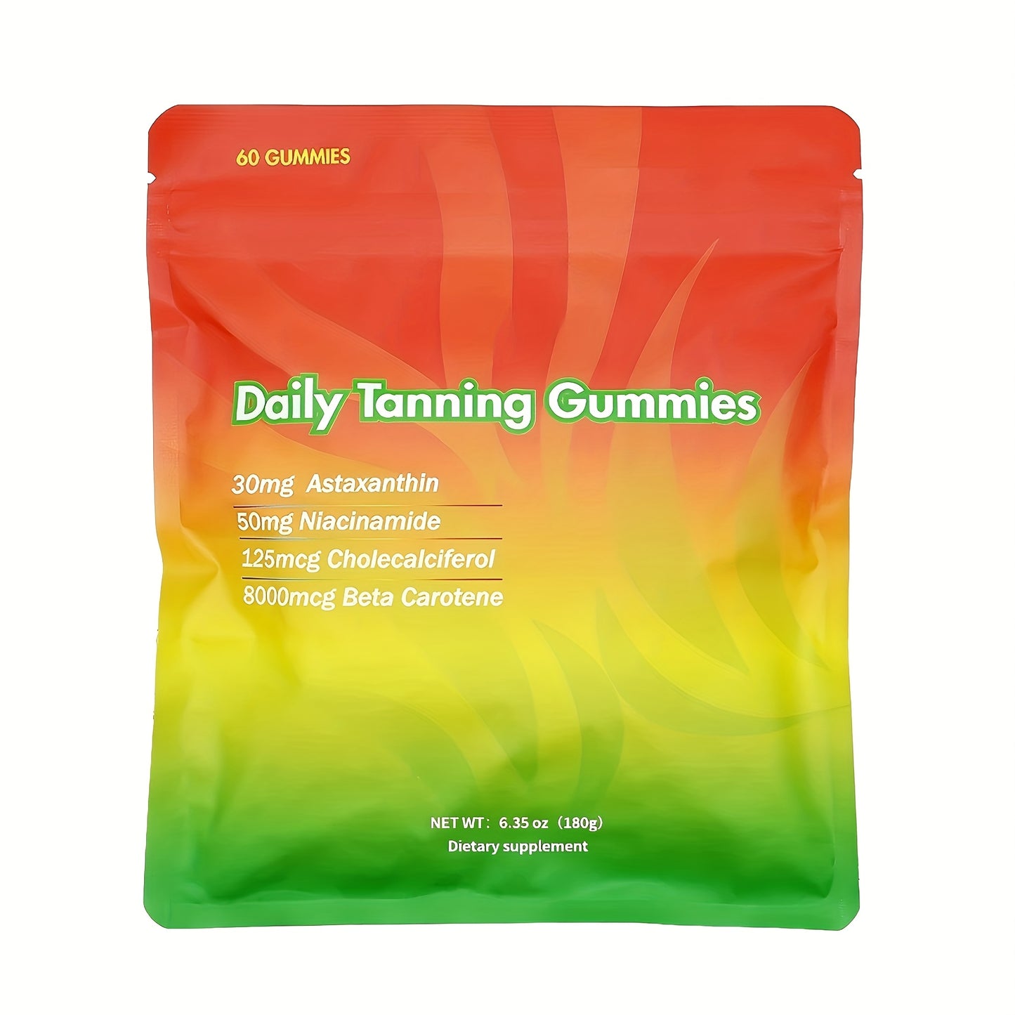 60 Daily Tanning Gummies with Astaxanthin, Tomato Lycopene & Beta-Carotene - 30-Day Supply, Hypoallergenic, 30mg Astaxanthin, 50mg Niacinamide, 125mg Cholecalciferol, 8000mg Beta Carotene, Summer Glow Supplement, Fruit Antiox